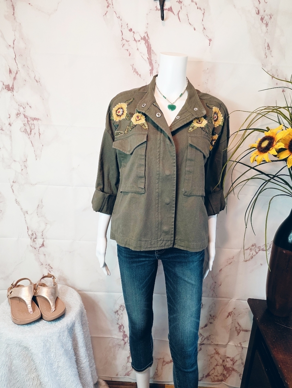 Mango Embroidered Utility Jacket Olive Floral Military Boho S - Picture 4 of 12
